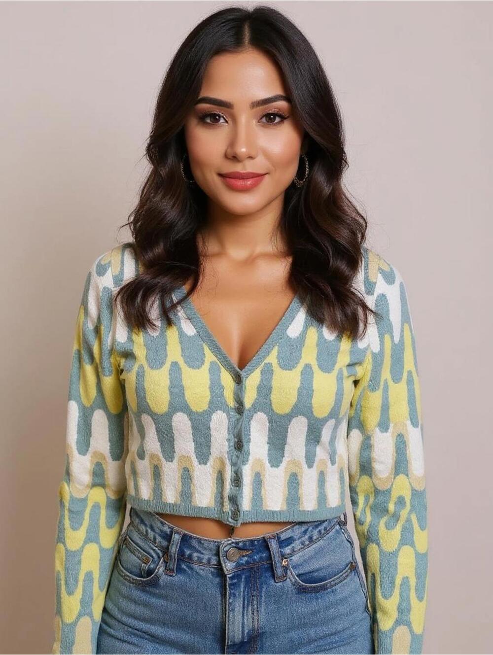 Kendall Kylie Retro Women's Crop Cardigan Sweater Yellow Green 90s Y2k Comfort S